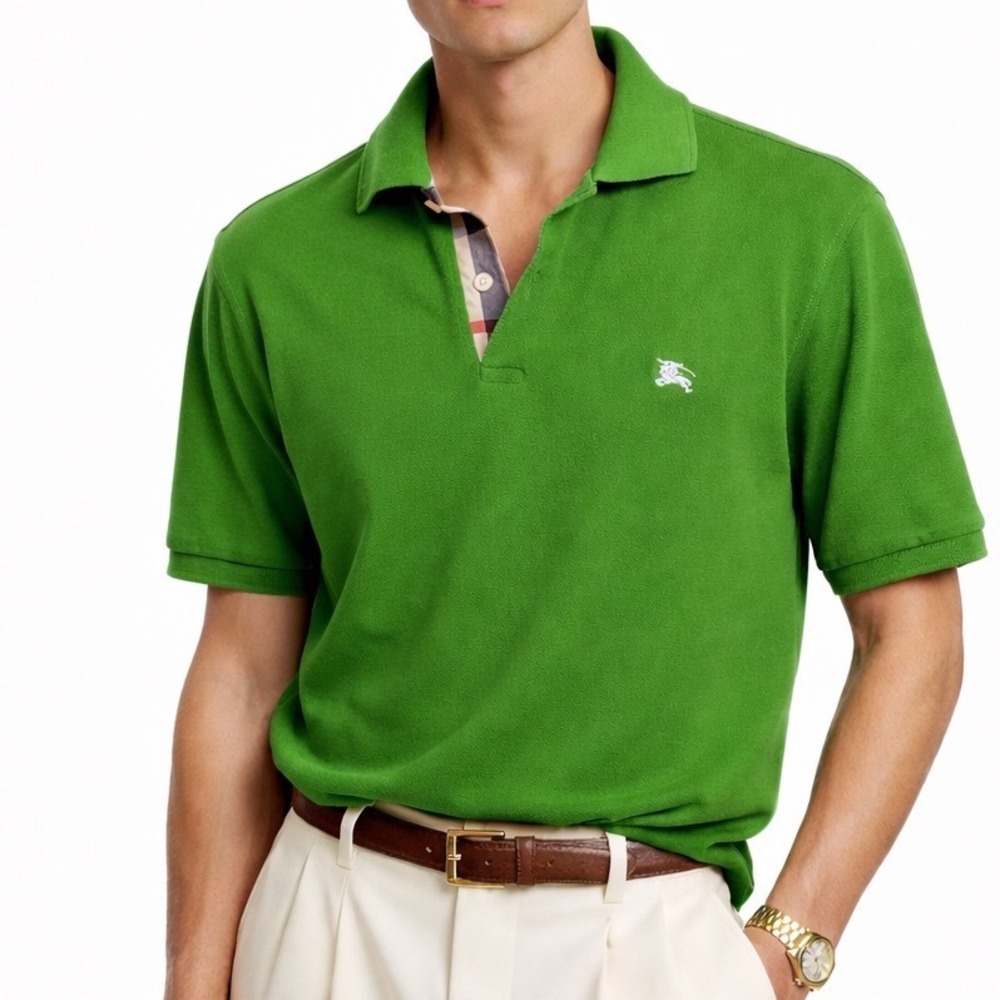 Burberry‎ Men's 100% Cotton Green-Plaid Accent Embroidered Polo Shirt Size Large